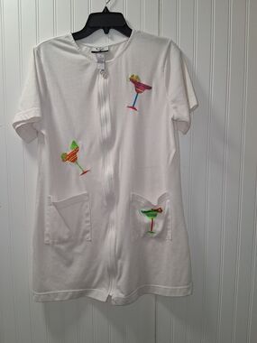 White Zip-Front Cover Up with Colorful Cocktail Embroidery